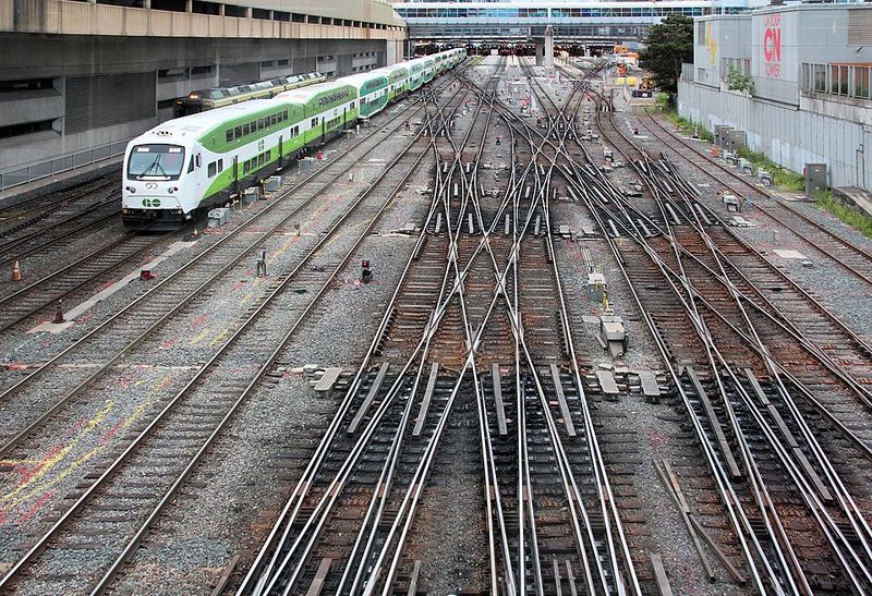 A GO Transit commuter train departing Toronto Union Station